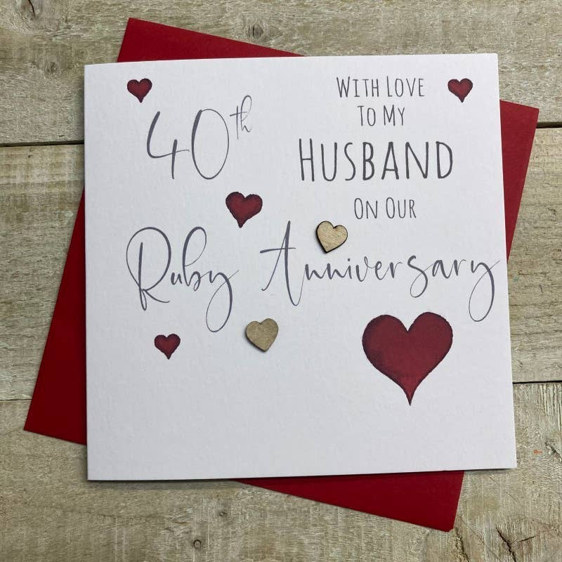 Anniversary card: Ruby 40th Husband Wooden Heart Hand Finished - Gold - White Cotton Cards