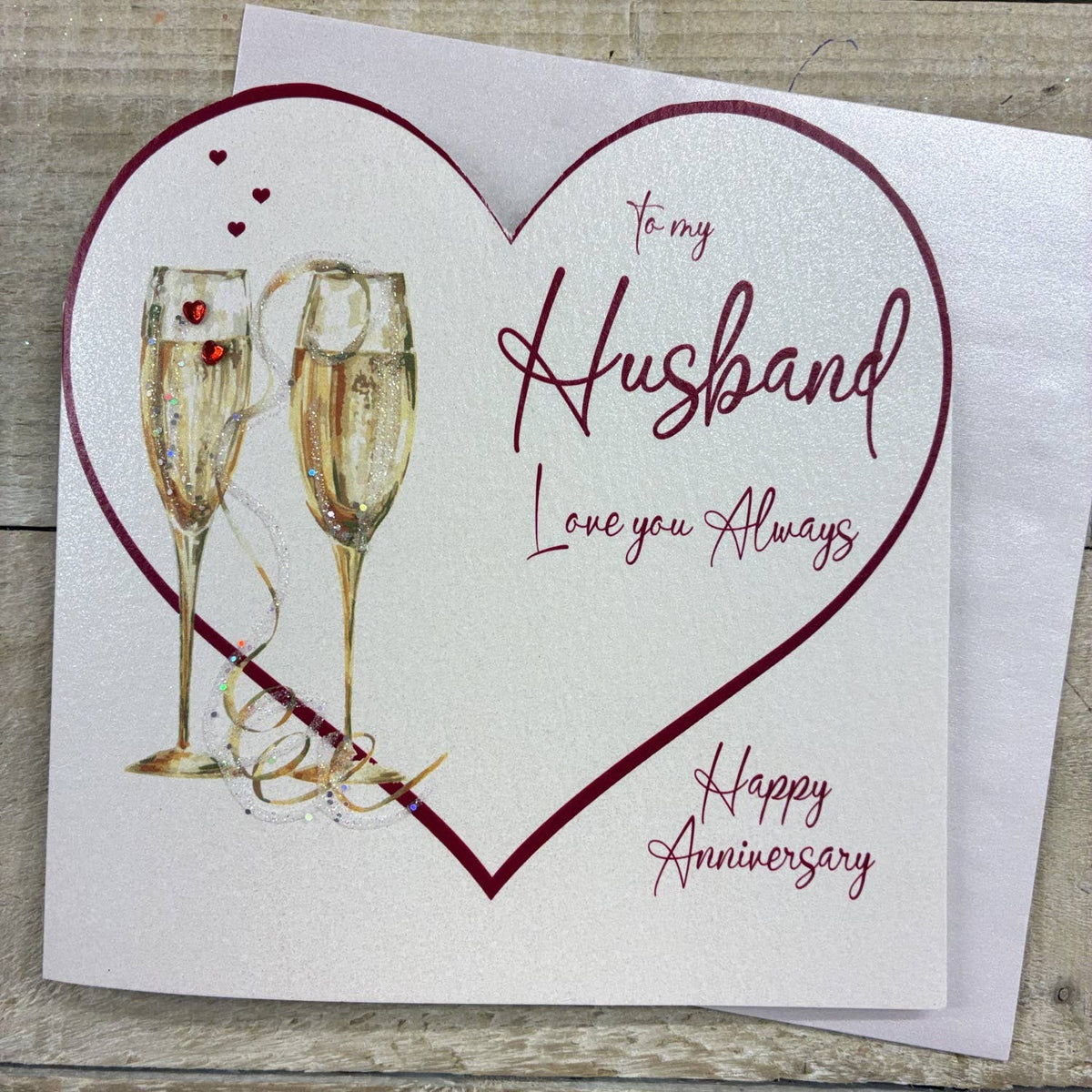 Husband card: Happy Birthday  Cut Out Heart With Champagne Glasses - White Cotton Cards