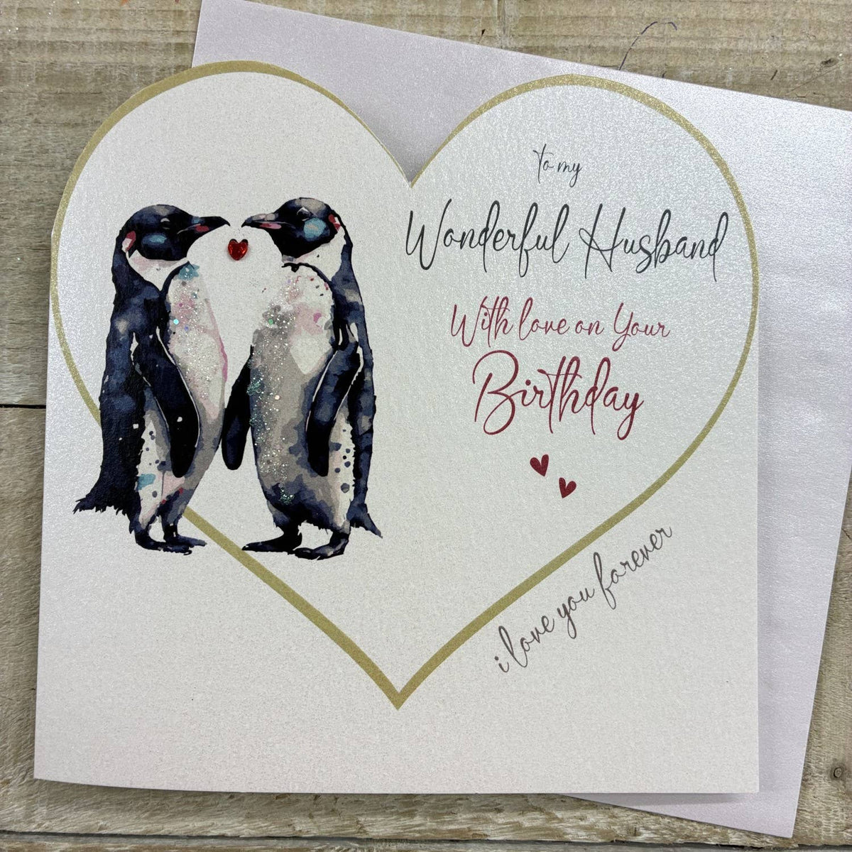 Husband card: Happy Birthday Cut Out Heart With  Penguins - White Cotton Cards