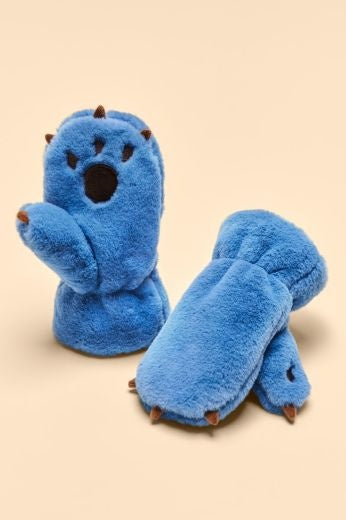 Kids Mittens: Faux Fur Bear Paw - Blue - Powder Designs