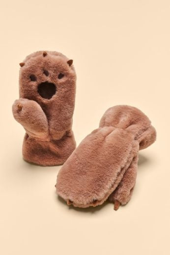 Kids Mittens: Faux Fur Bear Paw - Chocolate - Powder Designs