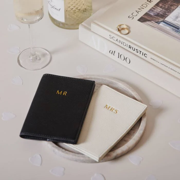 Boxed Passport Cover Set: Mr & Mrs Soft Vegan Leather  - Black & Cream - Katie Loxton