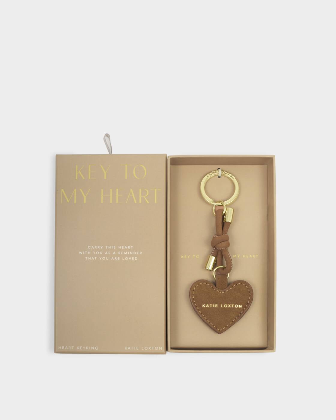 Boxed Keyring: Soft Vegan Leather - KEY TO MY HEART - Brown Suede - Katie Loxton