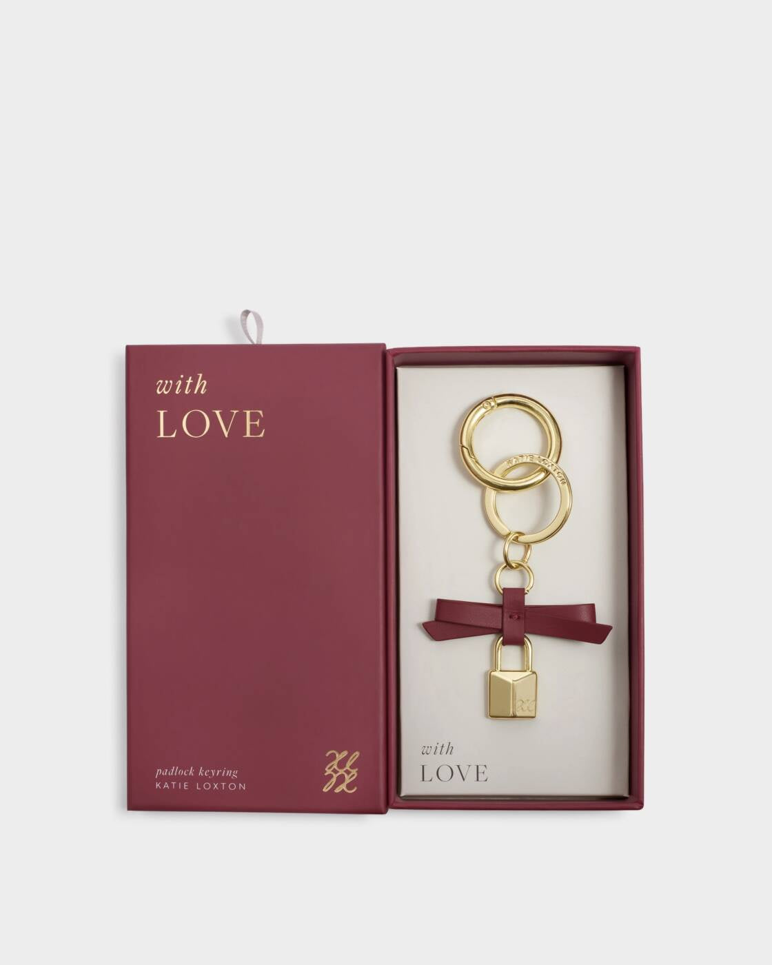 Boxed Keyring: Soft Vegan Leather Bow Padlock - WITH LOVE - Cherry - Katie Loxton