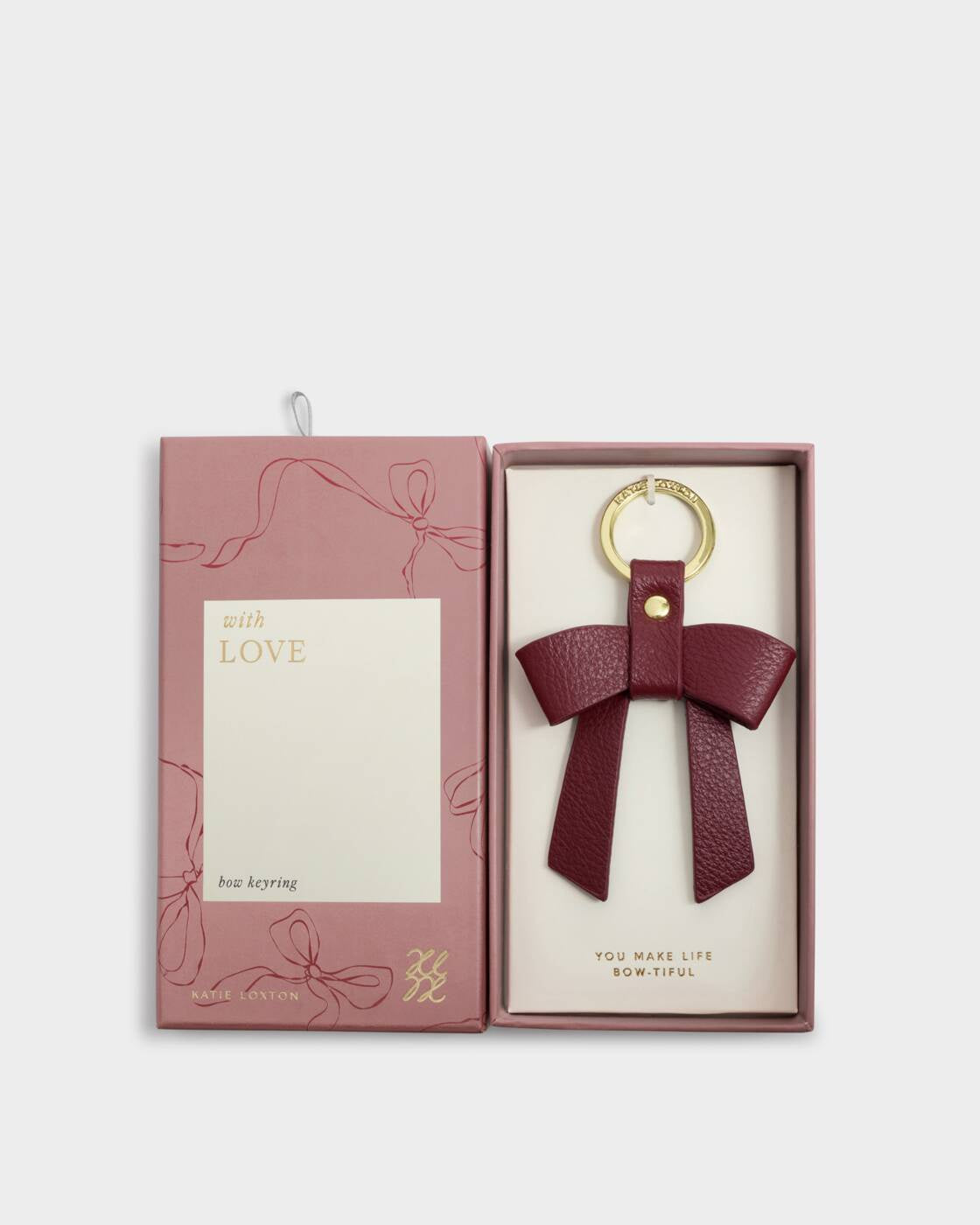 Boxed Keyring: Soft Vegan Leather Bow- WITH LOVE - Cherry -  Katie Loxton