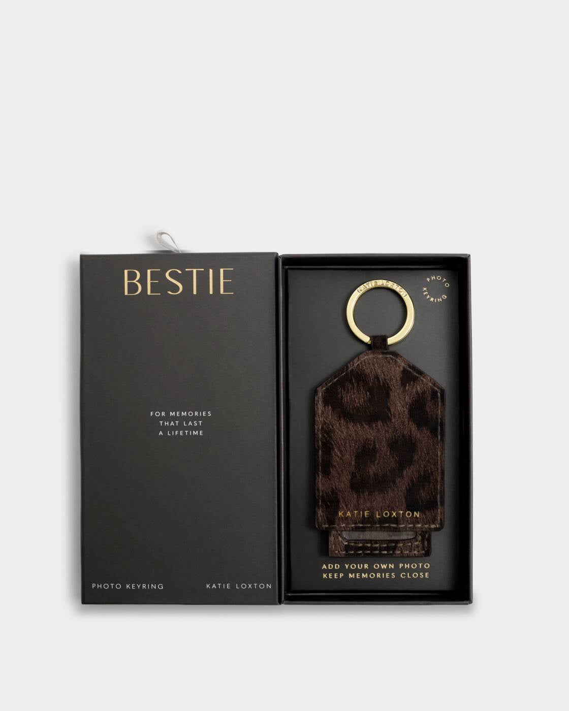Boxed Photo Keyring: Soft Vegan Suedette Leather - BESTIE - Leopard  - Katie Loxton