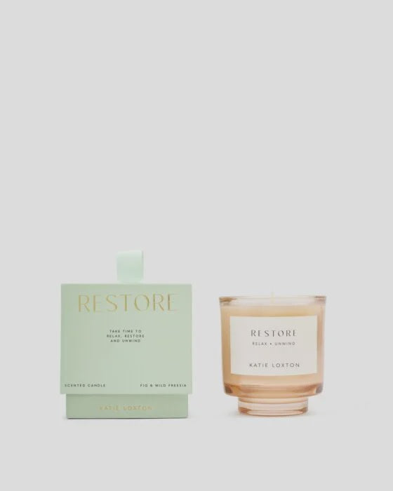 Candle: Scented Coloured Glass RESTORE - Fresh Fig & Wild Freesia - Green Box - Katie Loxton