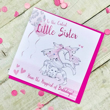Sister Card: Childrens Crystal Little Sister Angels Roly Poly - Handmade in UK