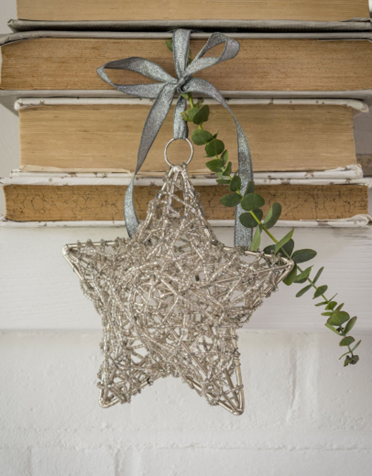 Large Hanging Christmas Dec: Beaded Star Wire Small - Silver