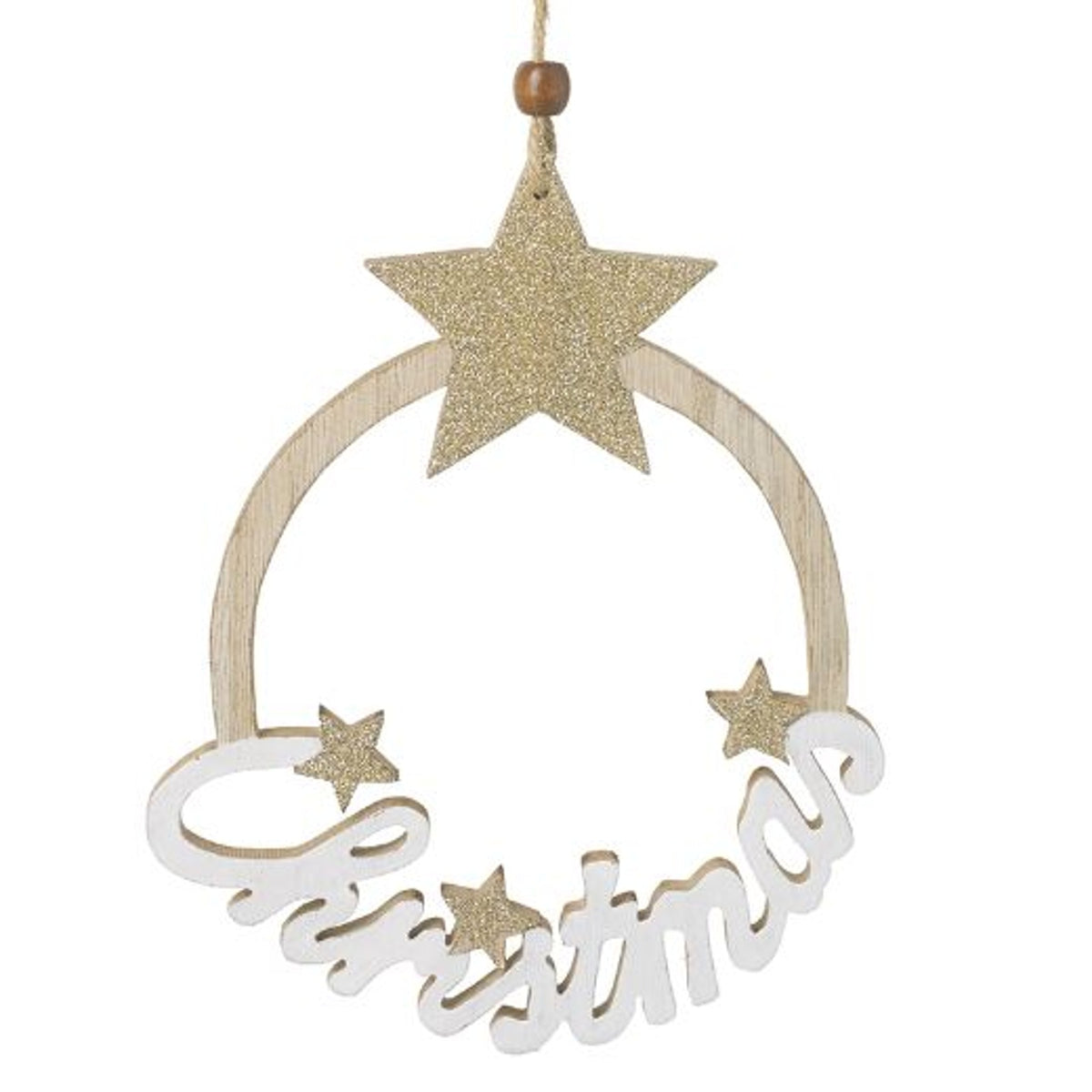 Large hanging decoration : Wood Circle Christmas Word - Natural & White & Gold