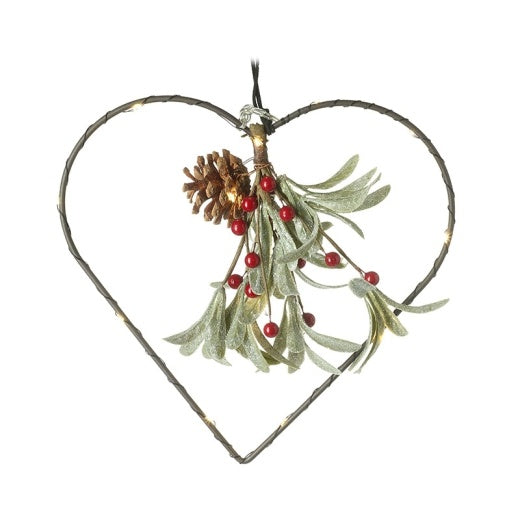 LED Decoration: Wire Hanging Heart Small Faux Leaves Berries Pinecone - Black