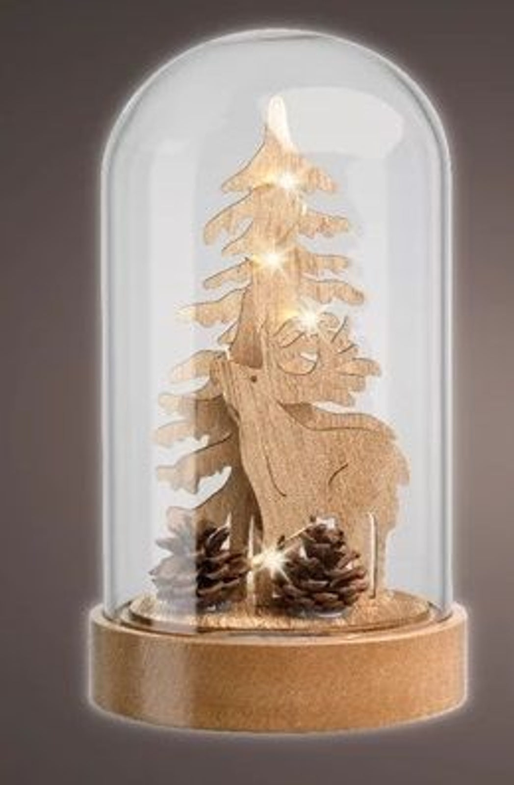 LED Ornament: Glass Cloche Forest Scene Deer & Pincones - Natural