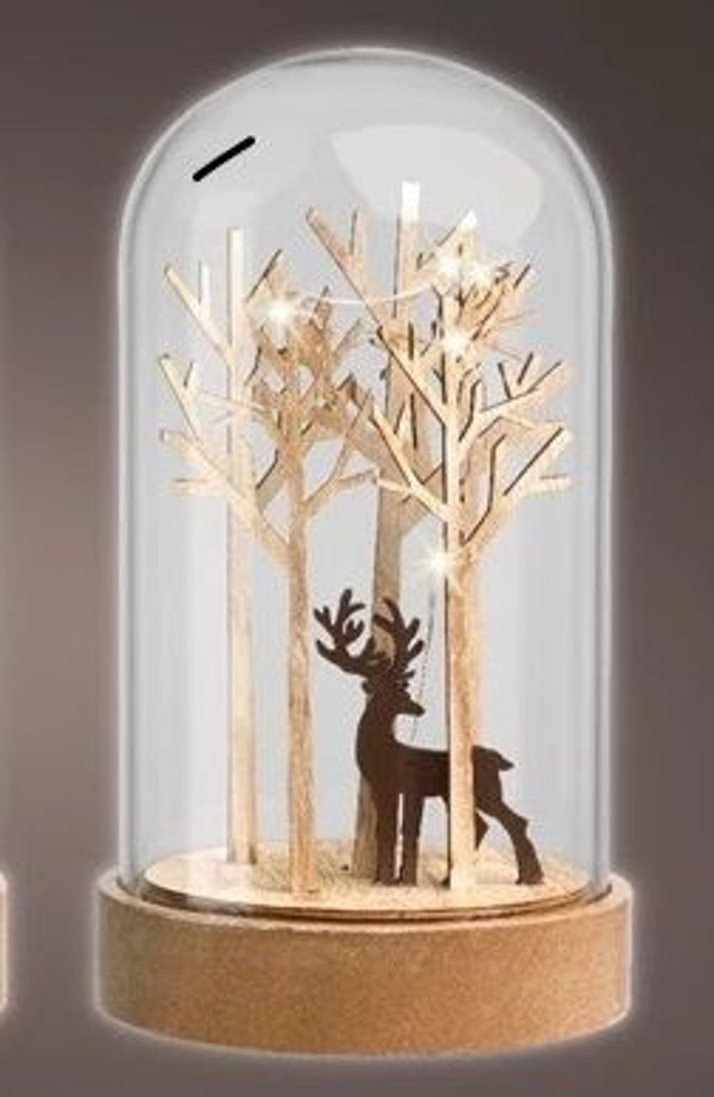 LED Ornament: Glass Cloche Forest Scene Tree Dark Deer - Natural