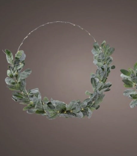 LED Wreath Dec: Wire Circle Ring w Faux Eucalyptus - Green