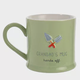 Mug: Boxed Embossed Ceramic Grandad's Mug Hands Off - Gardening Tools - Pastel Green - Celebrations
