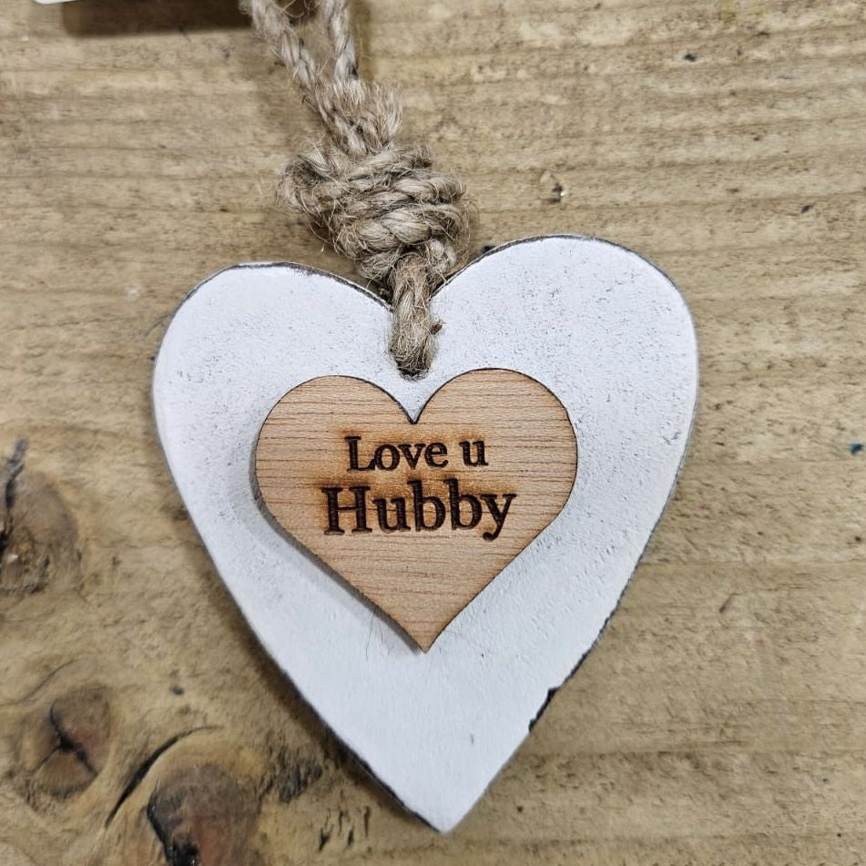 Chunky Love u Hubby Hanging Heart Wood Sentiment Decoration - White w Natural  Heart Tag