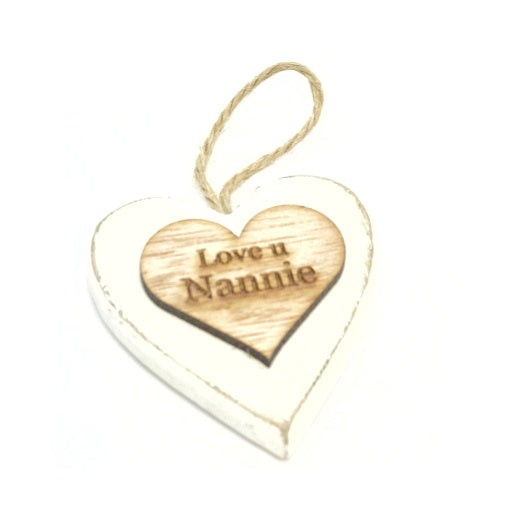 Chunky Love u Nannie  Hanging Heart Wood Sentiment Decoration - White w Natural  Heart Tag