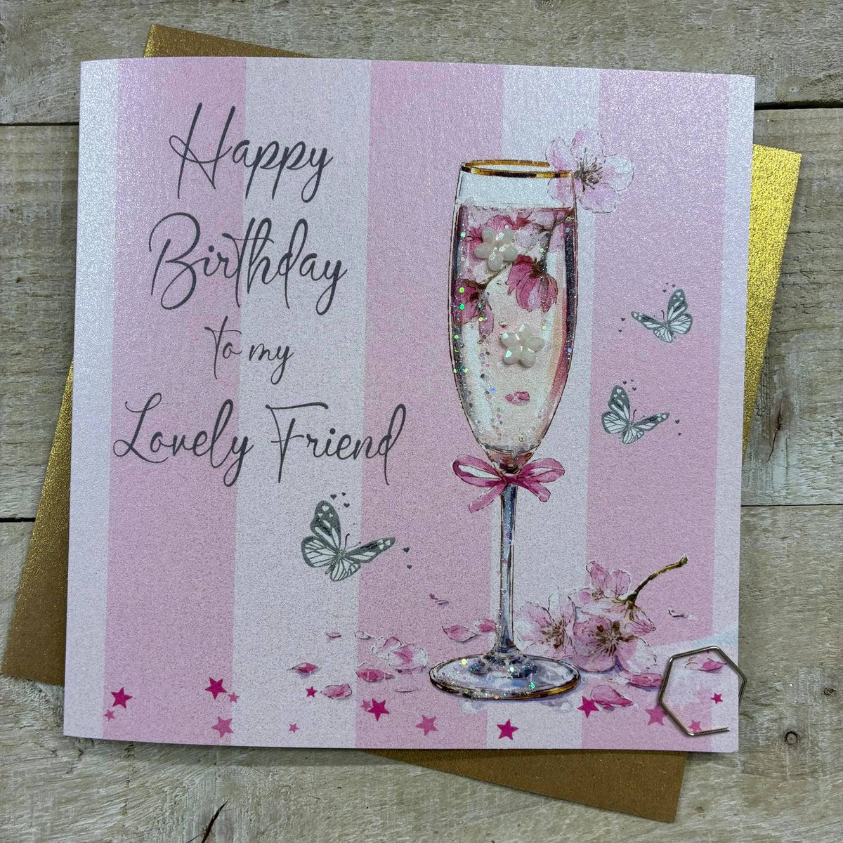 Friend Card: Happy Birthday Lovely Friend Striped Fizz Hand Finished Crystals & Glitter - Pink - White Cotton Card