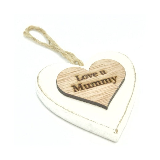 Chunky Love u Mummy  Hanging Heart Wood Sentiment Decoration - White w Natural  Heart Tag