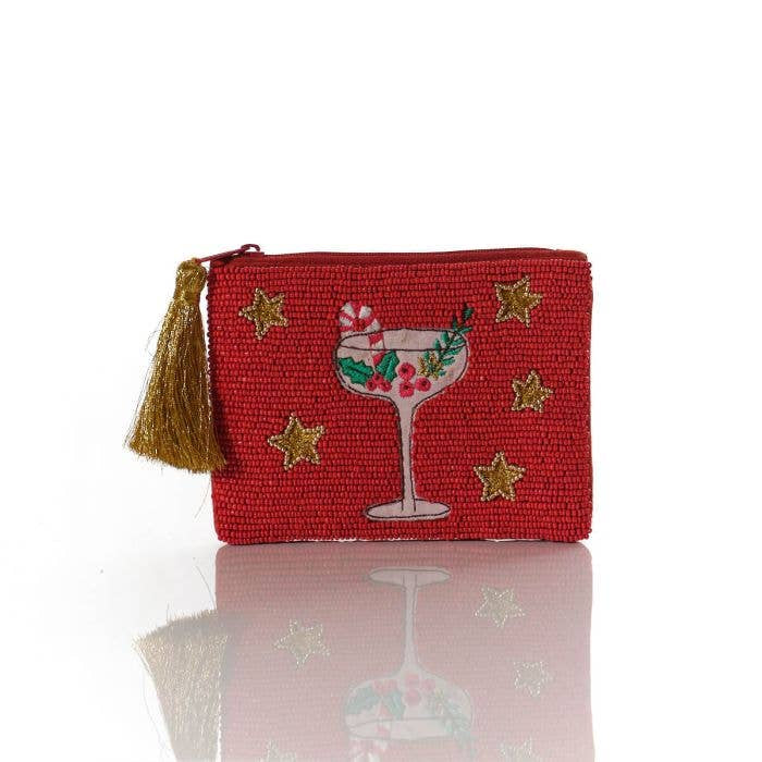 Pouch: Beaded Merry Cheer Cocktail - Red - Langs