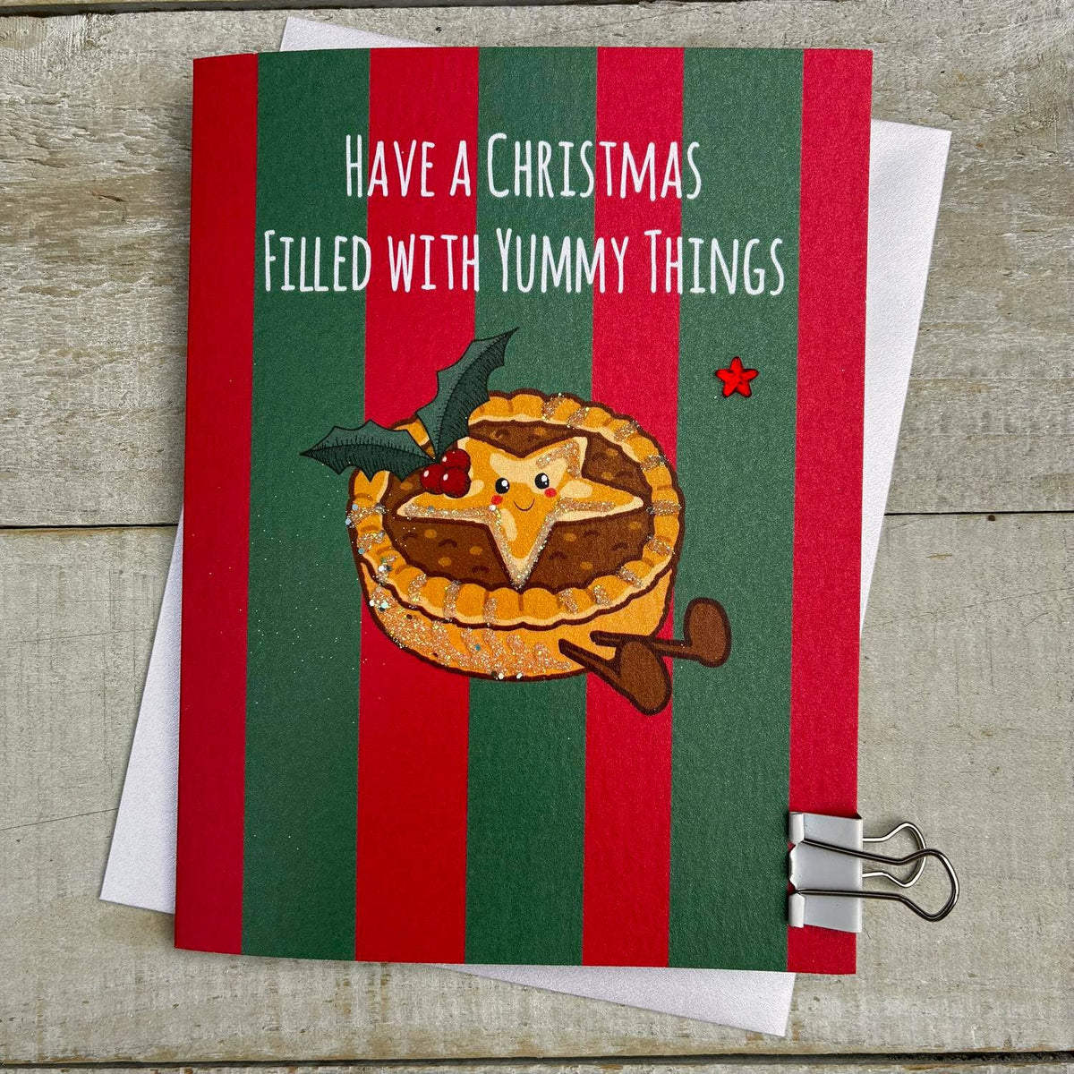 Christmas Card: Have A Christmas With Yummy Things - Mince Pie - DOODLEBUG - White Cotton Cards