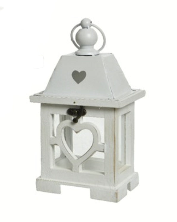 Mini Lantern: Wood Heart Design - White