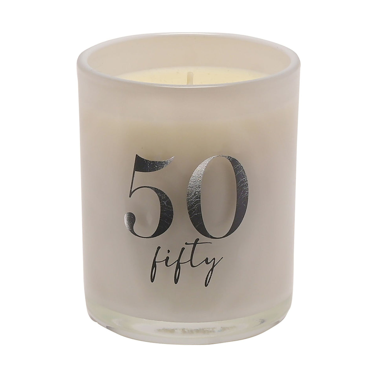 Candle: Glass Votive 120g Champagne Scented Age 50 Birthday - Silver - CELEBRATIONS