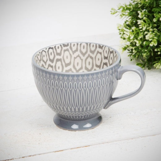 Mug: Ceramic Textured Patterned Inside Outside Tea Cup - Light Grey