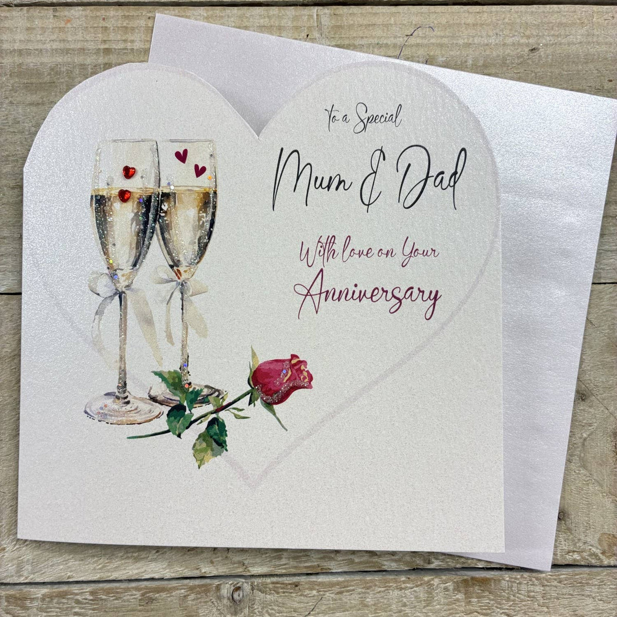 Anniversary Card: Mum & Dad Anniversary Cut Out Heart With Champagne Glasses - Hand Finished - White Cotton Cards