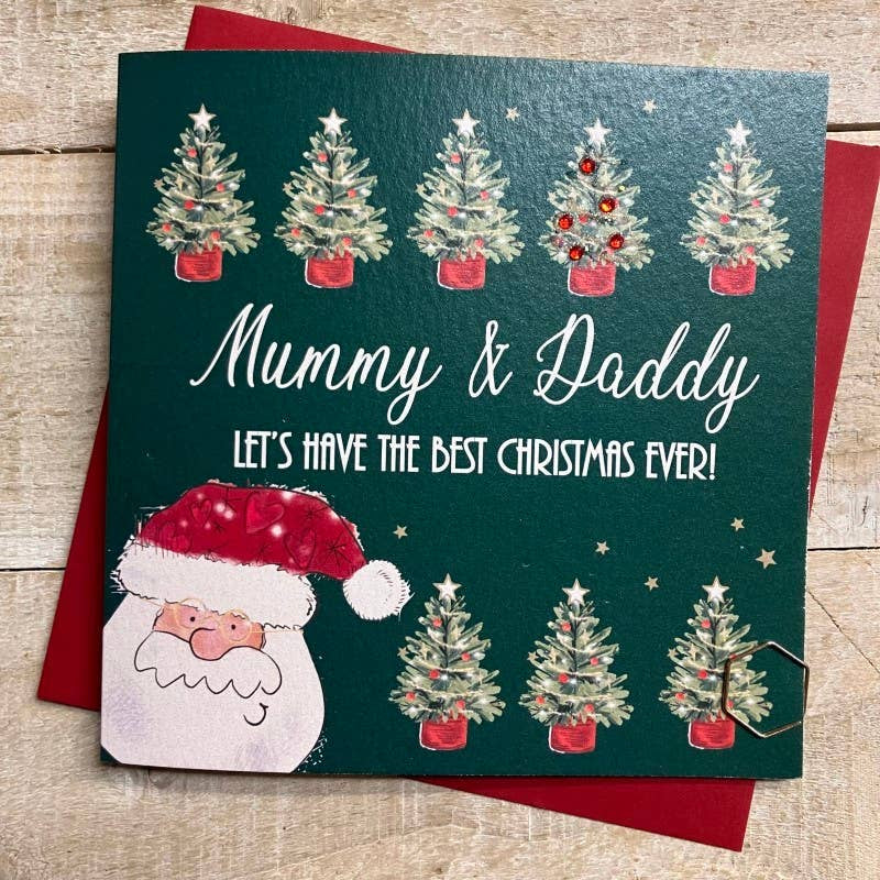 Christmas Card: Mummy & Daddy Best Christmas Ever - Lots Of Xmas Trees - Hand Decorated- White Cotton Cards