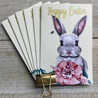 Easter Card : BUNNY Flower & Bee Small 14 x 9 cm - Pastels - White Cotton Cards