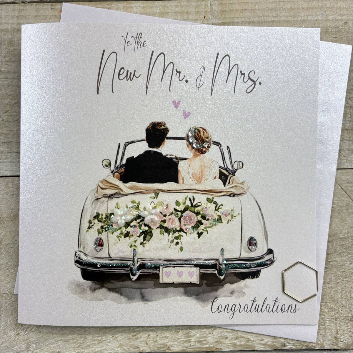 Wedding Card: To The New Mr & Mrs Back Of Vintage Car Hand Finished Crystals & Glitter - White Cotton Cards