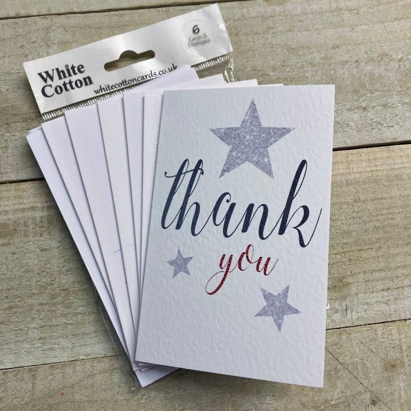 Thank You Card: Pack 6 Stars - Hand Finished  - White Cotton