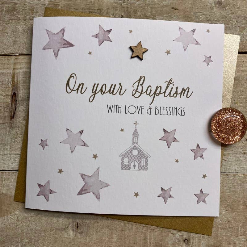 Baptism Cad: On Your Baptism with Love & Blessings Wooden Star - White Cotton Cards