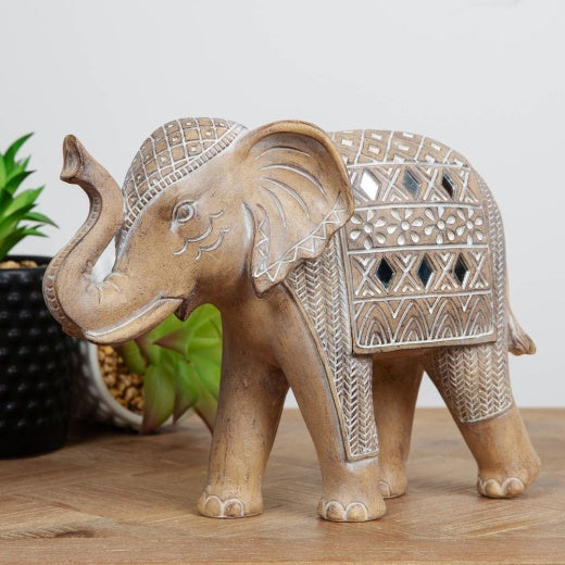 Ornament: Sandstone Effect Carved Elephant Mirror Mosaic - Natural