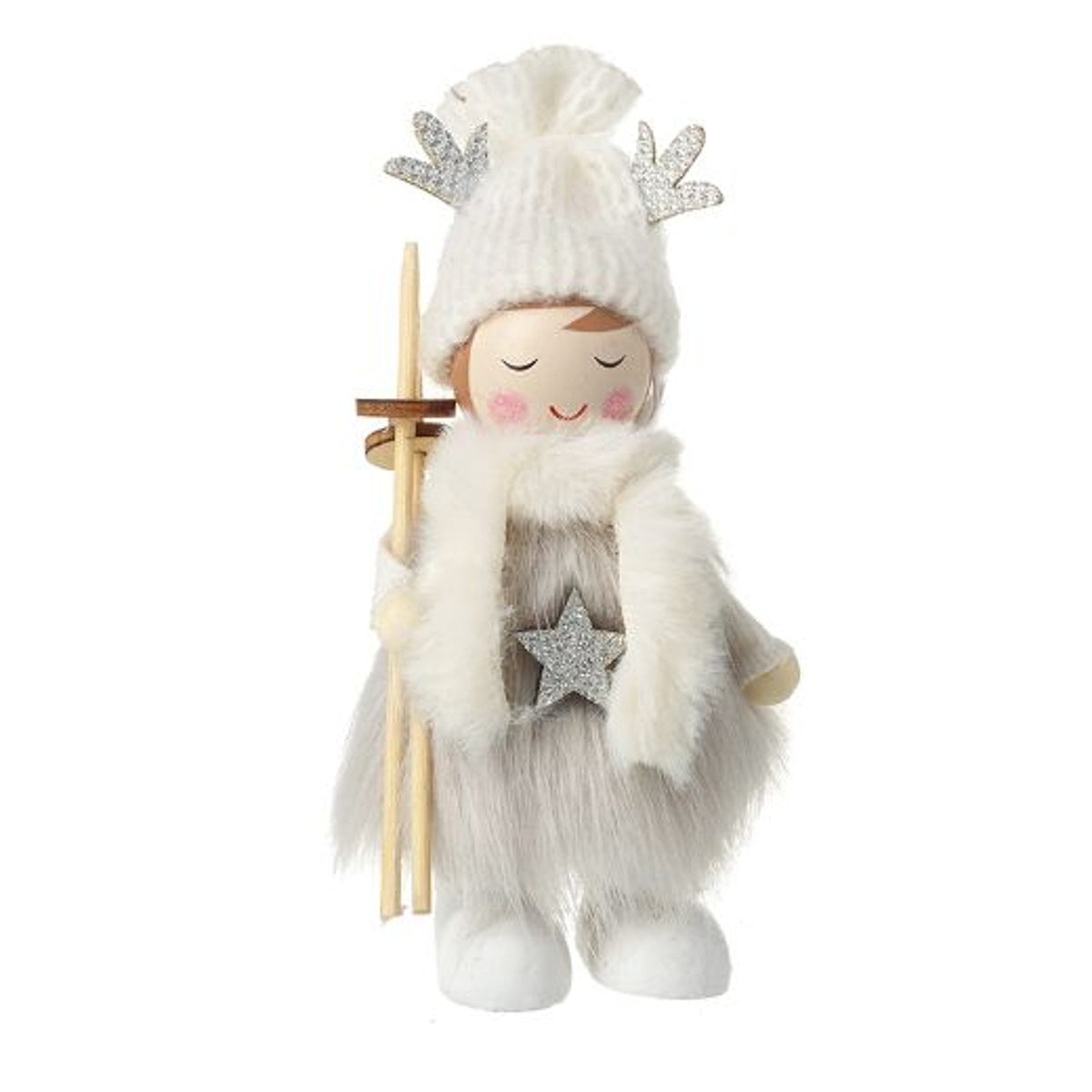 Ornament : Wood Fabric Girl Girl with Skis 13cm - Silver & White