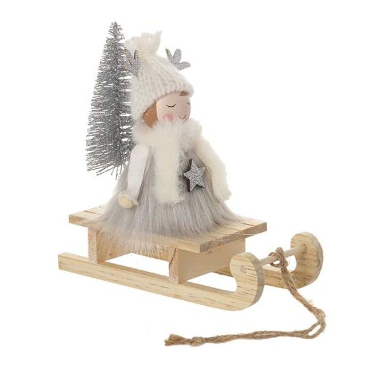 Ornament: Wood & Fabric Sledge Girl in Bobble Hat  - Silver & Brown
