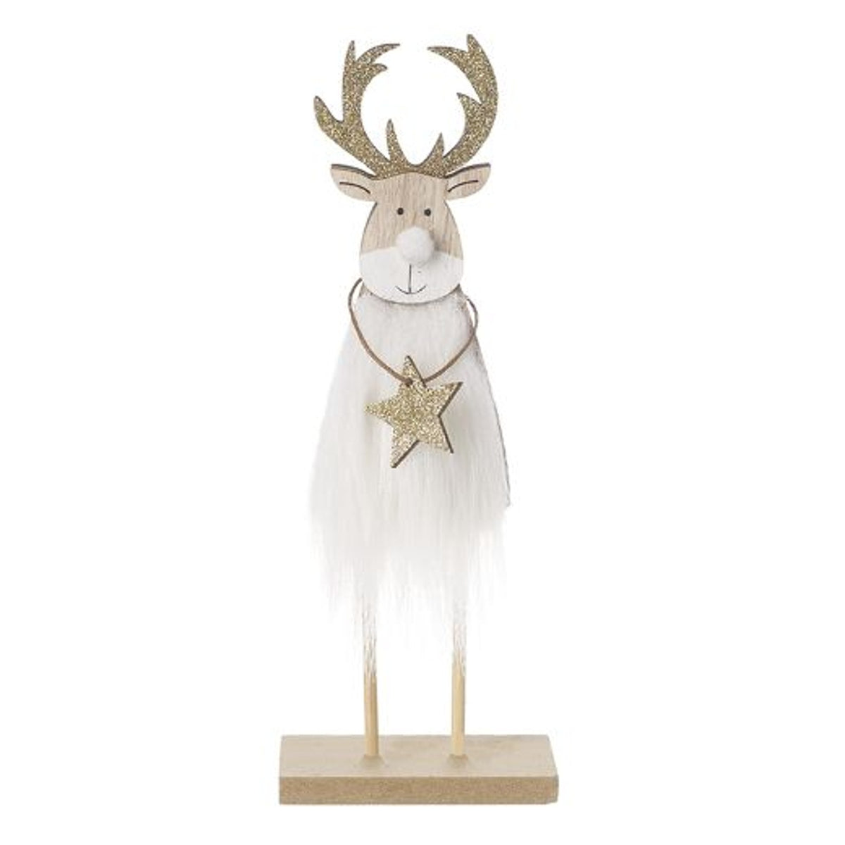 Ornament : Wood Reindeer Fluffy Star  - White & Gold