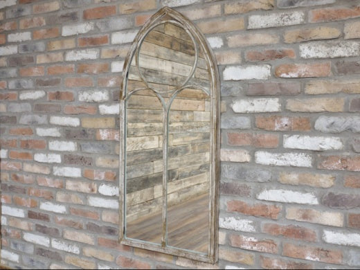 Wall Mirror: Metal Arch Distressed w Circle Design - Antique Cream Grey