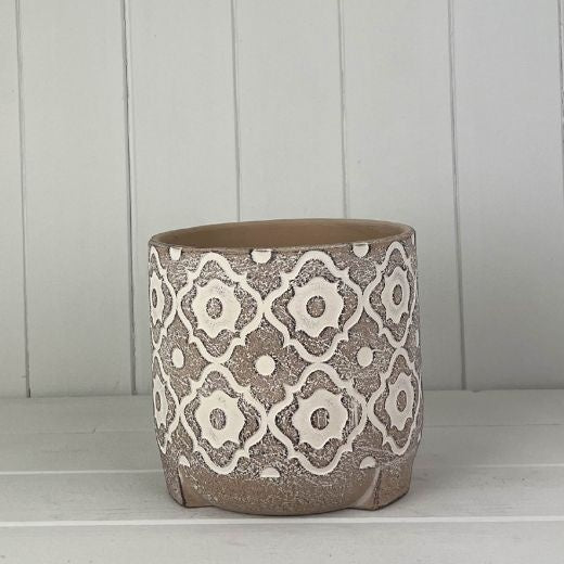 Planter Pot: Cement Diamond Flower  Embossed Pattern - Neutral