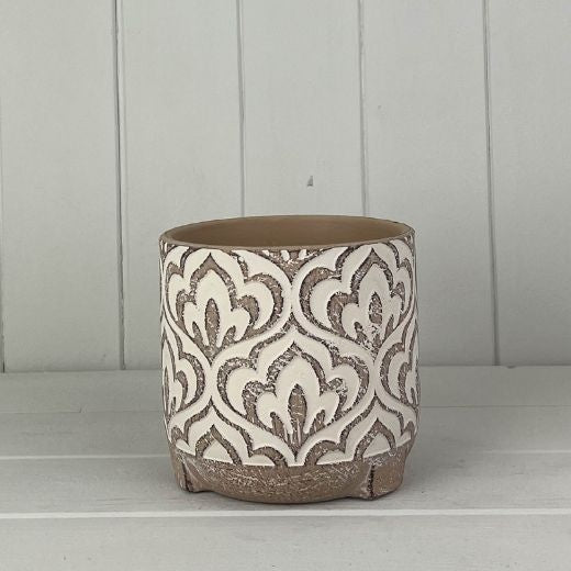 Planter Pot: Cement Flower  Embossed Pattern - Neutral