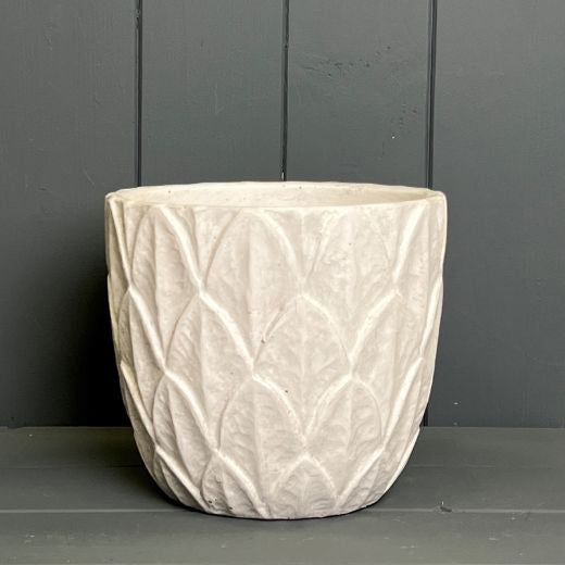 Planter Pot: Cement Leaf Design - White