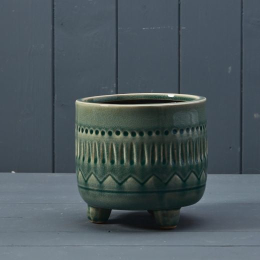 Planter Pot: Ceramic Glazed Aztec Pattern Medium - Green