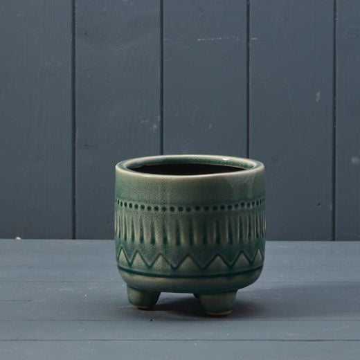 Planter Pot: Ceramic Glazed Aztec Pattern Small - Green