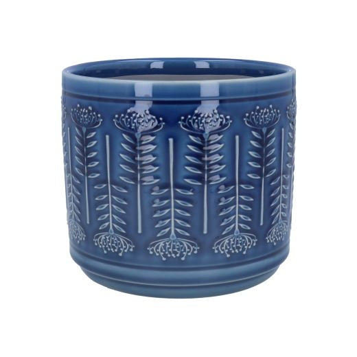 Planter Pot:  Ceramic Glazed Stoneware Protea Medium - Navy Blue - Gisela Graham