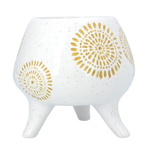 Planter Pot: Ceramic Sunburst Rounded w Tripod Feet - Beige & White - Gisela Graham
