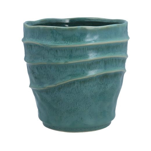 Planter Pot: Stoneware Wave Ridges - Seafoam Green - Gisela Graham