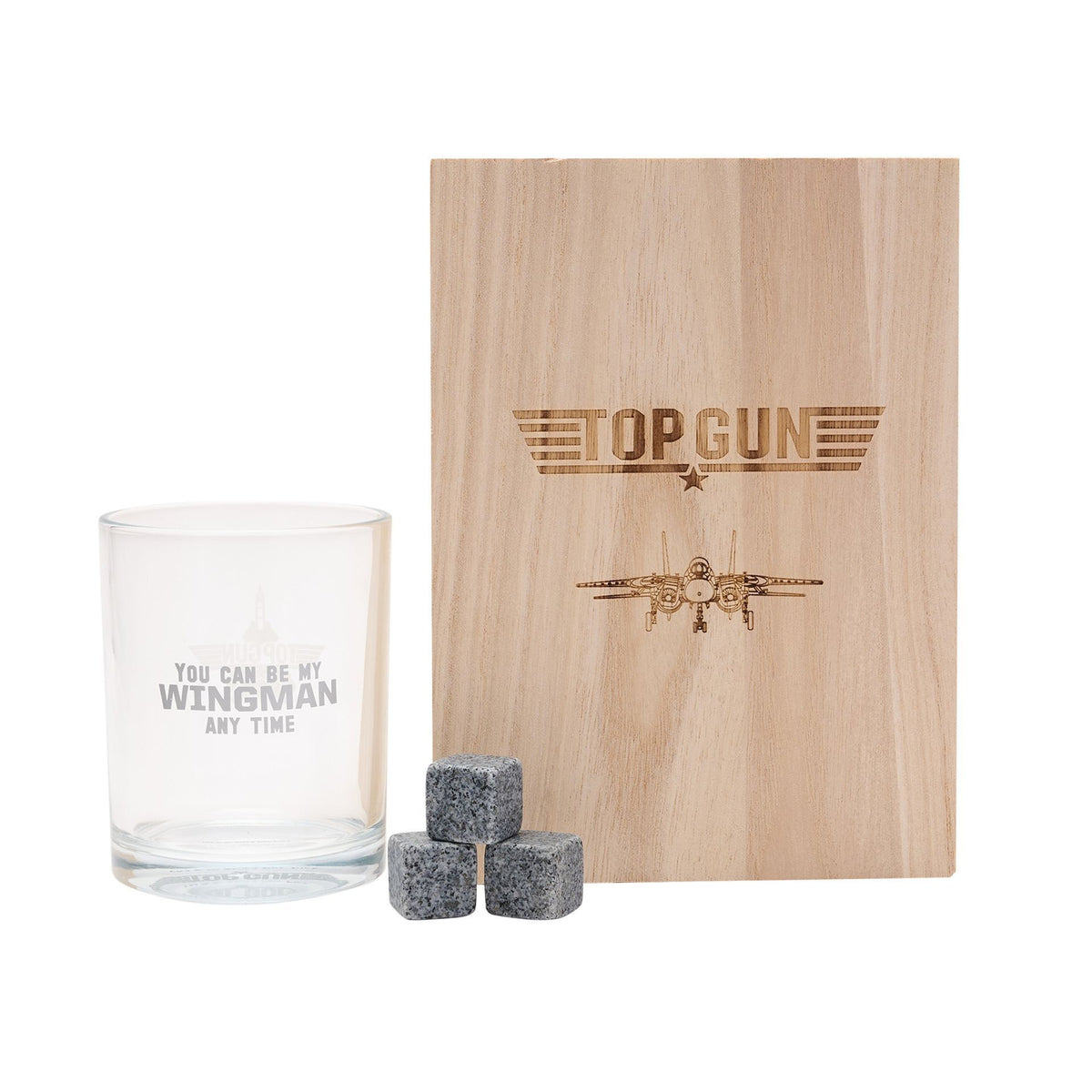 Tumbler Set: Glass & Stones Wood Box - Natural - Top Gun
