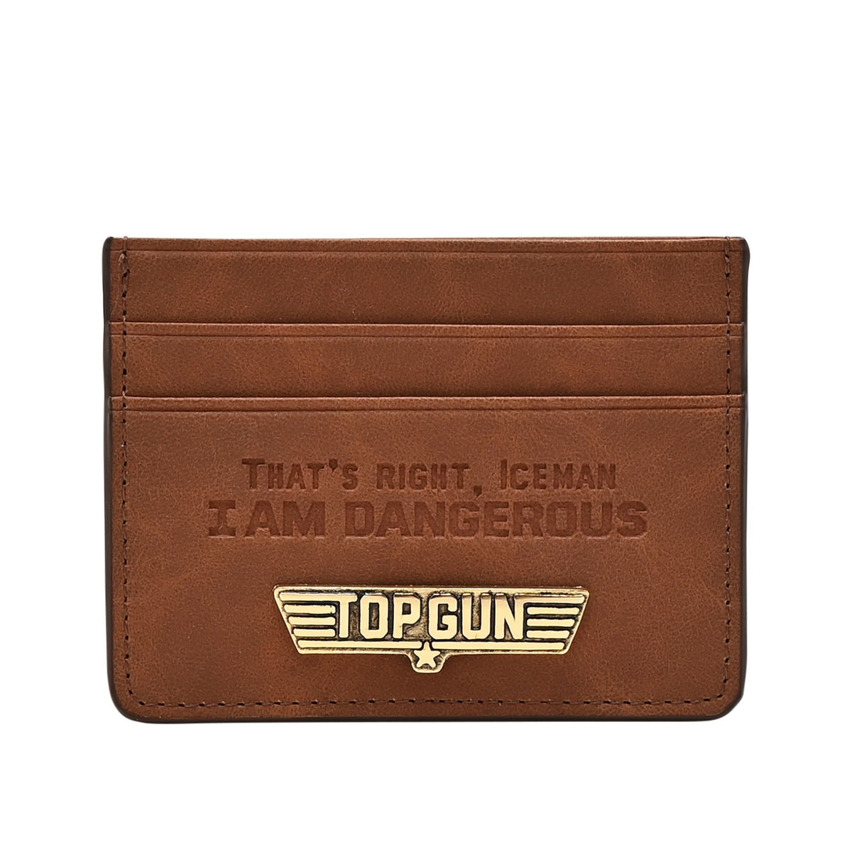 Card Wallet: PU Leather Gold Logo Embossed Dangerous - Tan - Top Gun