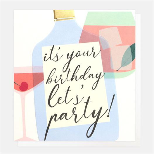 Birthday Card: Gin Bottle Its Your Birthday Lets Party Drinks - Blue - Caroline Gardner